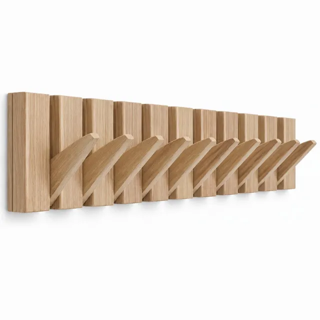 TOJ 10 Haaks Wandkapstok – 70cm - Muur / Wand Kapstok - Hangende Design Muurkapstok - Hout - Naturel Eikenlook