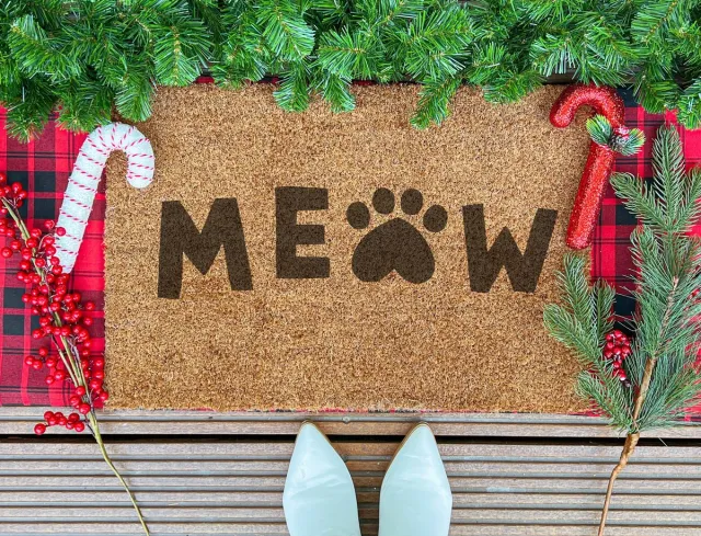 Laser Point Meow | 90x60 cm | Nieuwe huis cadeau | Ingangsmat | Deurmat met stijl | Verhuizing cadeau | Praktisch & trendy | Perfect voor binnenkomst | Cadeau voor nieuwe woning Bruin | Zwart (Gravering 90x60)