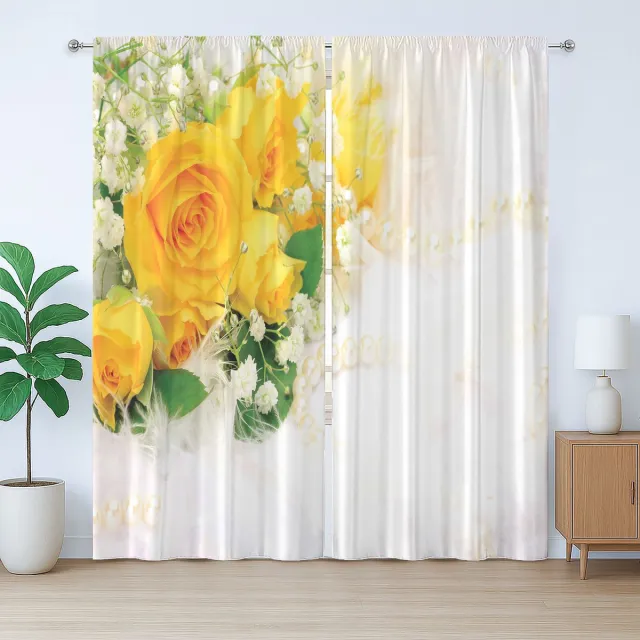 ABAKUHAUS Geel Rustiek Gordijn, Boeket van Romantische Bloemen, met Bandjes met Lussen en Haken, 280 x 245 cm, Varen Groen Geel Parelmoer