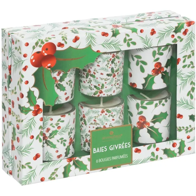 Feeric lights & Christmas Set van 6 geurkaarsen van 40 g in glazen potten met hulstprint Vert
