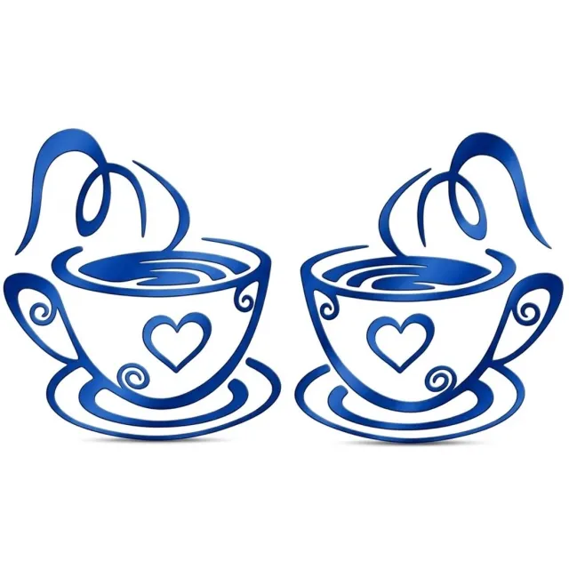 NUVEX Blauwe muursticker met 2 koffie kopjes en hartjes – spiegel muur sticker met dampend koffie ontwerp – decoratieve wanddecoratie voor keuken koffiehoek café restaurant woonkamer en eetkamer