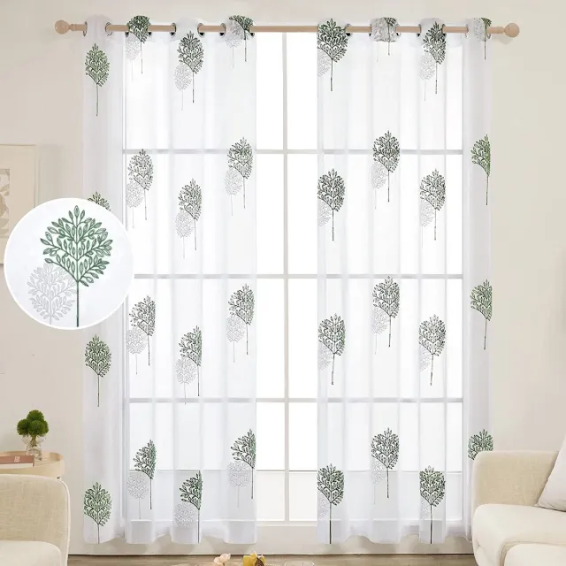 Deconovo Transparante Gordijnen Wit met Ringen, 140x175 cm (B x H), 2 stuks, Vitrage Gordijnen met Borduurwerk Donkergroen+Wit Bladeren Gordijnen voor Babykamers groen-wit