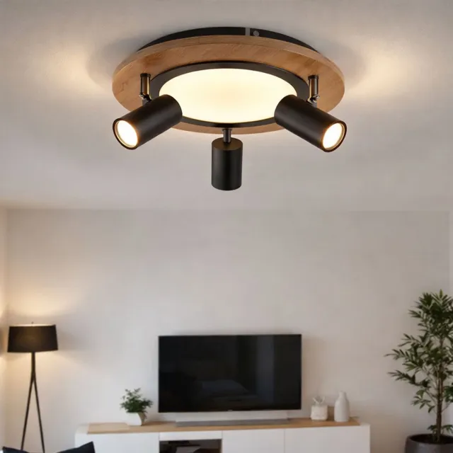 Globo Lighting Plafondlamp 3 niveaus plafondlamp zwenkbare spot hout, 3x GU10, 1x LED 15W 1300Lm warm wit, DxH 40x18 cm Bruin