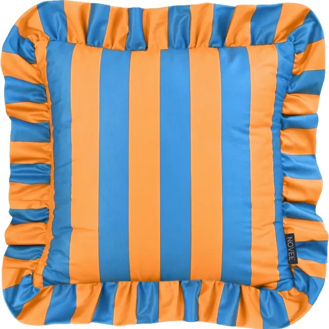 NOVÉE Ruffles Stripe Blauw/Oranje Kussenhoes | 45x45 cm | Katoen/Polyester