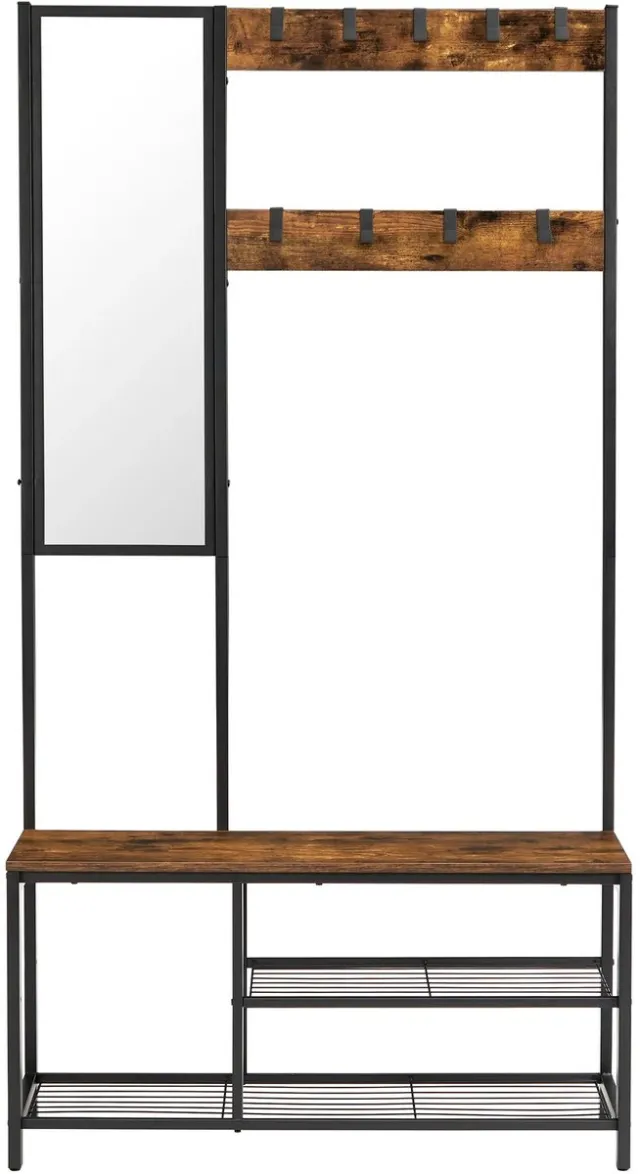NordHaus Kapstok met Schoenenrek en Spiegel - Garderobe Rek 4-in-1 - Bank Tot 100 kg - 9 Verstelbare Haken - Industrieel Design Black