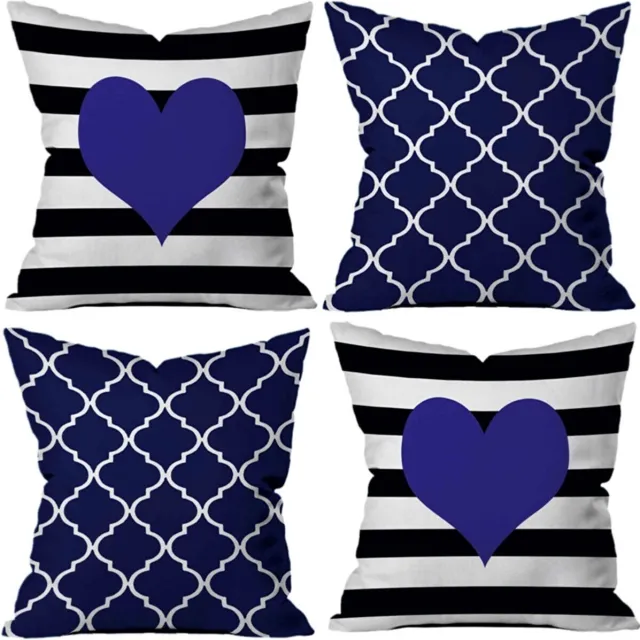 stellahomes Sierkussens set van 4 stuks - INCLUSIEF BINNENKUSSENS 45x45 cm - blauw - wit - hartje - dubbelzijdig bedrukt - kussensloop - kussens woonkamer - kussenhoes