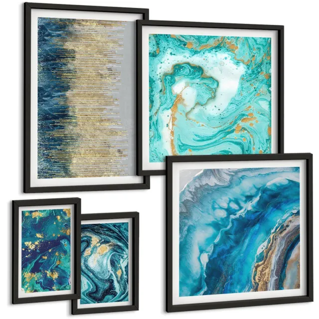 Coloray 5-Delige Schilderij Set - Abstracte Composities In Blauw- En Groentinten. - 50 x 50 cm, 20 x 30 cm En 40 x 60 cm - Moderne Wanddecoratie - Slaapkamer - Muurdecoratie Zwarte lijst