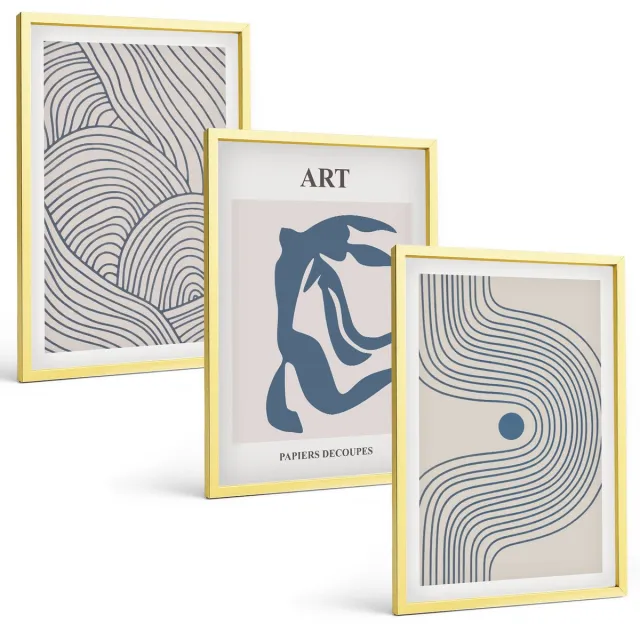 TULUP 4-Delige Schilderij Set - Abstracte patronen van lijnen en vormen in blauwe tinten - 40 x 60 cm - Wanddecoratie - Muurdecoratie - Moderne Interieurdecoratie - Interieur Decoratie Gouden lijst