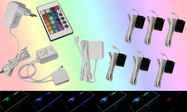 Trango Set van 6 RGB Kleur Veranderende LED Glazen Randverlichting 5022-06 incl. Afstandsbediening Kastverlichting I Glazen Vloerverlichting I Vitrine Verlichting I LED Clips I Meubelverlichting Set van 2
