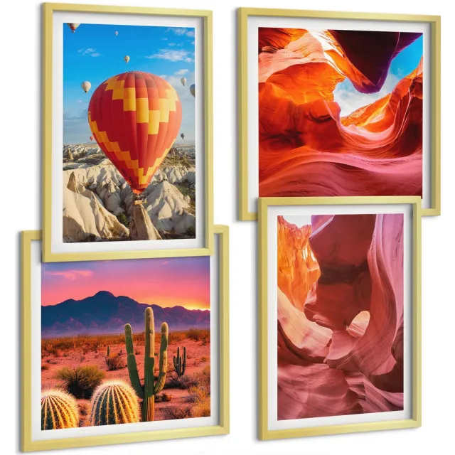 TULUP 4-Delige Schilderij Set - Woestijnklooflandschappen en ballonvaart - 40 x 40 cm en 40 x 60 cm - Wanddecoratie - Muurdecoratie - Moderne Interieurdecoratie - Woonkamer Decoratie Gouden lijst