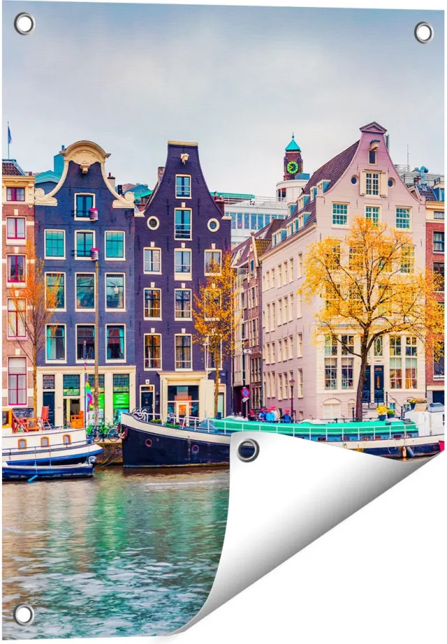 Gards Tuinposter Amsterdamse Huisjes vanaf de Gracht - 40x50 cm - Tuindoek - Tuindecoratie - Wanddecoratie buiten - Tuinschilderij Multikleur