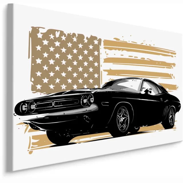 karo-art Schilderij - Een Amerikaanse Muscle car tegen een beige Amerikaanse vlag, Premium Print Multikleur
