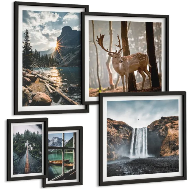Coloray 5-Delige Schilderij Set - Natuurlandschappen Met Watervallen En Wilde Dieren - 50 x 50 cm, 20 x 30 cm En 40 x 60 cm - Muurdecoratie - Wanddecoratie - Slaapkamer - Interieur Decoratie Zwarte lijst