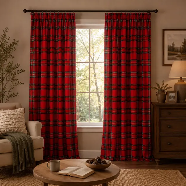 LAPAMAX Kerstgordijnen met Schotse ruit en multifunctionele ophangband – Lichtdoorlatende gordijnen en raamdecoratie van polyester - voor woonkamer, slaapkamer en eetkamer - Rood - 132 x 274 cm per paneel - 2 stuks