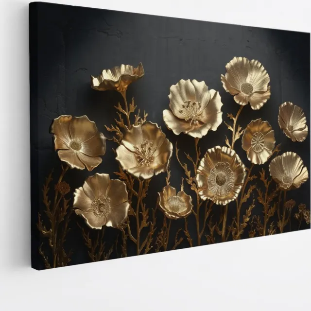 Saammp Canvas Schilderij - Goude bloemen - Abstract - 30x20 - Foto op canvas - Wanddecoratie - Muurdecoratie Woonkamer - Kantoor Decoratie Multicolor