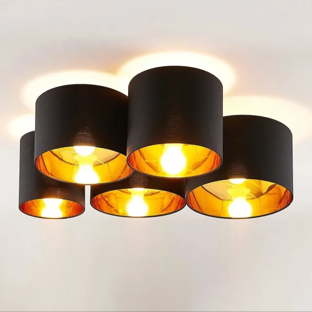 Lindby plafondlamp - 5lichts - Stof, metaal - H: 25.5 cm - E27 - zwart, goud