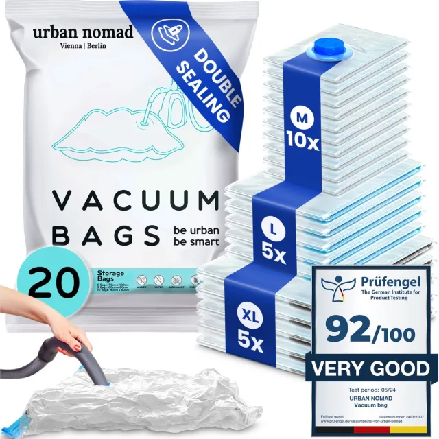 Urban Nomad Vacuümzakken Vacuüm Sealer Zakjes Opbergzakken Set van 20 in 3 maten: Luchtdicht voor Kleding - Ruimtebesparend Herbruikbaar Ritssluiting 100% dicht & sterk | Kledingzakken Opbergzak S-XL