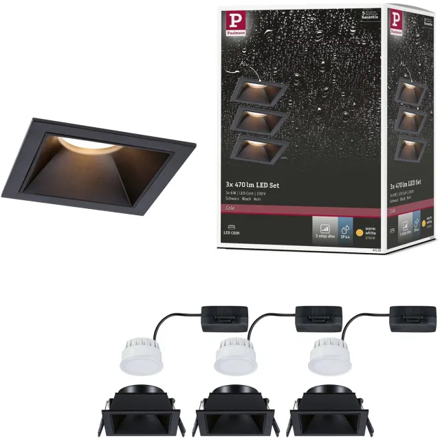 Paulmann LED-inbouwlamp 3-Step-Dim Cole Coin Set van 3 IP44 hoekig 88x88 mm Coin 3x6W 3x470lm 230V dimbaar 2700K Zwart