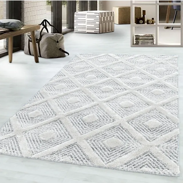 TapisTrend Harig tapijt Grijs 120 cm rond crèmekleurig geometrisch vloerkleed met reliëf ruitpatroon, 20 mm poolhoogte, moderne stijl voor woonkamer