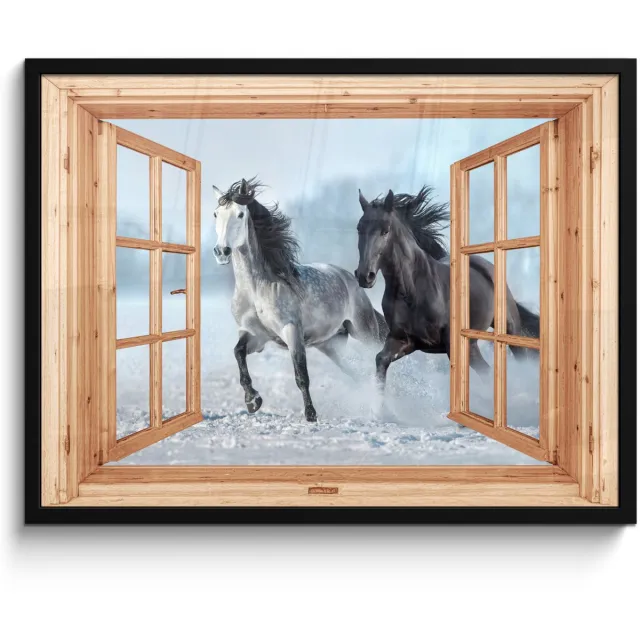 FrameYourWall Poster in lijst - Fotolijst 70x50 cm - Posters - Doorkijk - Paarden - Winter - Dieren - Natuur - Hout - Posterlijst zwart - Decoratie - Wanddecoratie woonkamer - Muurdecoratie slaapkamer