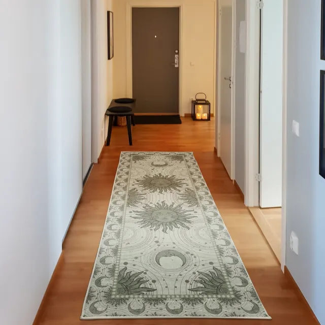 ABAKUHAUS Vloerkleed - Woonkamer Tapijt – zon en maan – 76 x 229 cm – donker zeegroen