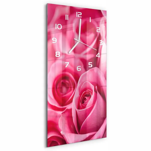 TULUP Wandklok - Roze rozen Klok Glas Met Opdruk - 30x60 cm - Roze Moderne Wandklok Glas - Witte handen - Rechthoekige Klok - Decoratieve Glazen Klok - Glazen Wandklok Design