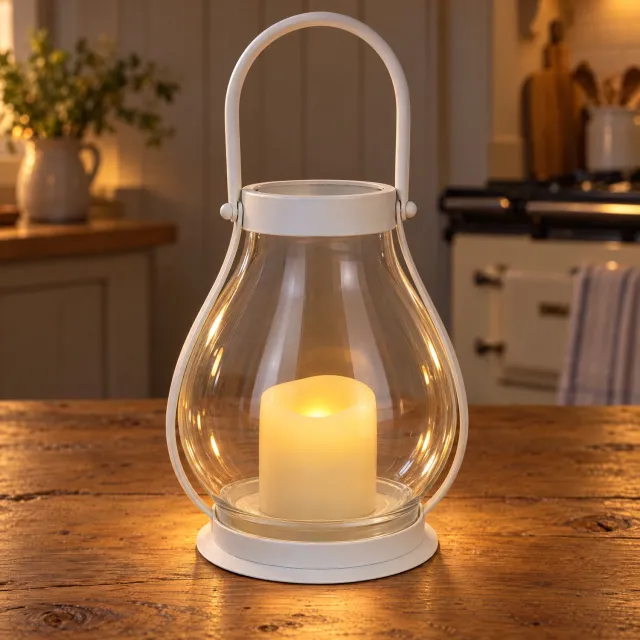 Levano Glazen Lantaarn met LED Kaars - Kaarsenhouder Glas - Windlicht - Windlichten voor Binnen Glas - Kaarsenhouder Stompkaars - Woonaccessoires Landelijk - LED Kaarsen op Batterijen - Lantaarn op Batterijen voor Binnen - Tafellantaarn Wit;Transparant