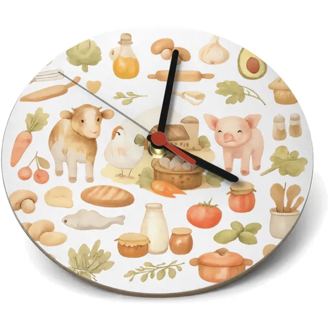 Mr Cadeautjes Klok rond Ø 19 - design Keukenalfabet met fruit, groenten en bakgerei | cadeau Wit