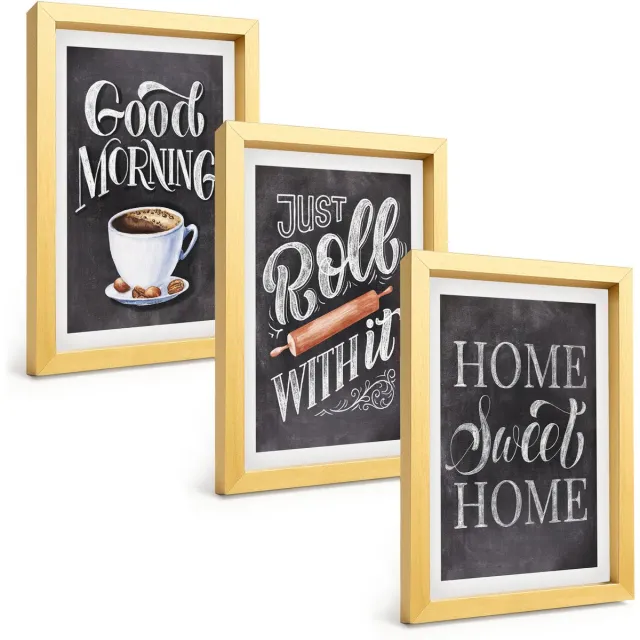 TULUP 4-Delige Schilderij Set - Home Keuken Motieven Schoolbord Lettering - 20 x 30 cm - Wanddecoratie - Schilderijen Set - Kantoor - Muurdecoratie Gouden lijst