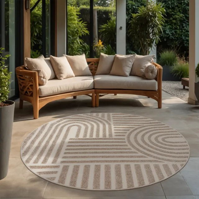 Muratap Berlin Outdoor - Japandi - Rond - Beige - Vloerkleed Binnen en Buiten - Laagpolig Tapijt Tuin- 150 CM ROND