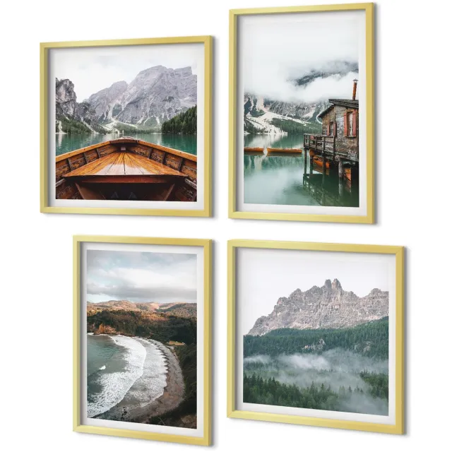 Coloray 4-Delige Schilderij Set - Berglandschap met een strand, een houten huis en een boot. - 40 x 40 cm en 40 x 60 cm - Muurdecoratie - Schilderijen Set - Woonkamer - Wanddecoratie Gouden lijst
