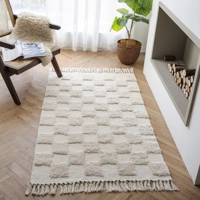 Ibenzoa Een Grijze Katoenen Tapijt met Kwastjes – Retro Boho Stijl voor Woonkamer of Slaapkamer beige