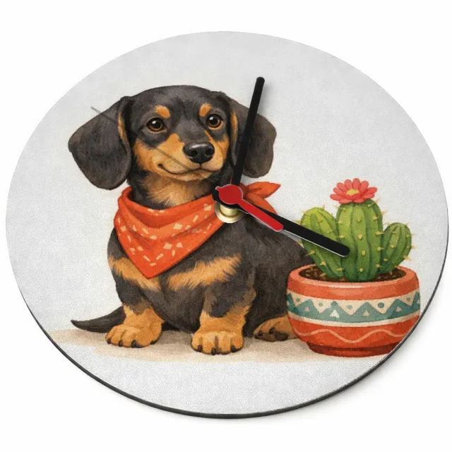 Mr Cadeautjes Klok rond Ø 19 - design Een eigenwijze teckel met een bandana, naast een kleine cact | cadeau Wit