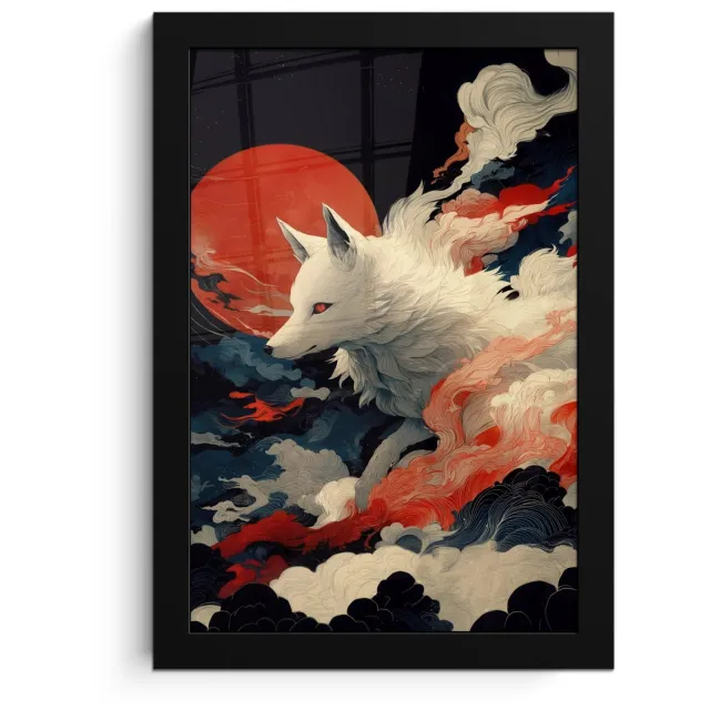 FrameYourWall Poster in lijst - Fotolijst 20x30 cm - Posters - Witte vos - wolken - maan - Posterlijst zwart - Decoratie - Wanddecoratie woonkamer - Muurdecoratie slaapkamer