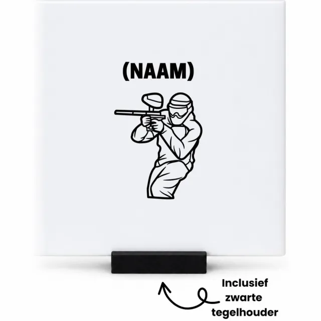 Hacebo Paintball met eigen naam tegeltje met tegelhouder - Scherpschutter - Paintballer - tegeltjes met tekst - Sport - spreuktegels - 10.8x10.8 CM Wit
