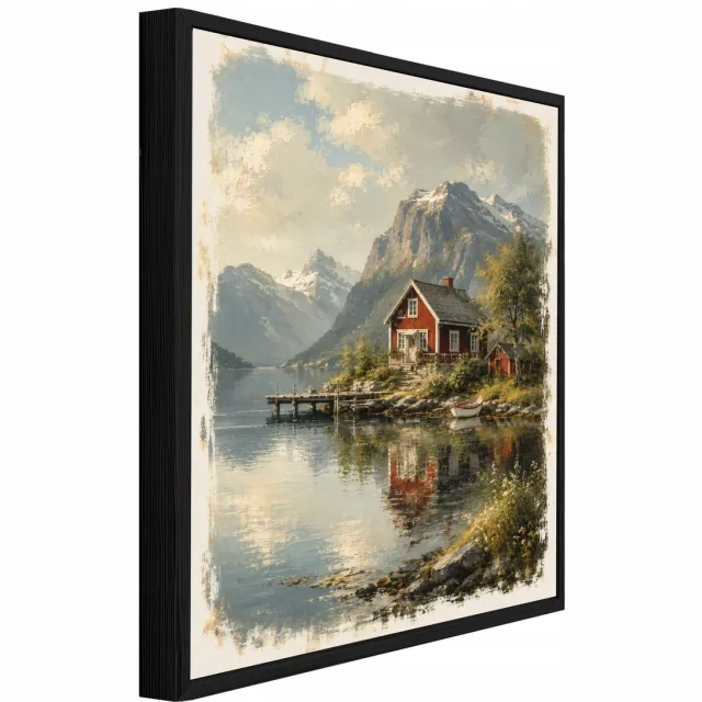 WALLARENA Schilderij op canvas met zwarte lijst - 90x60 cm - vintage landschap met huis en meer - voor slaapkamer en woonkamer Beige