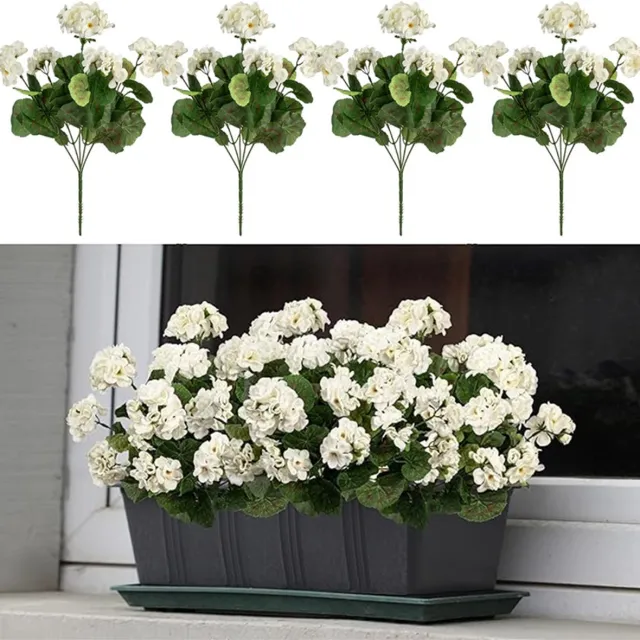Flintry 4 stuks kunstmatige geraniumbloemen, UV-bestendige rode geraniumzijden nepbloemen voor buiten, voor thuis, bruiloft, tuin, terras, tafeldecoratie - Wit