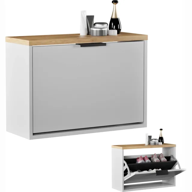 Planetmöbel STIVIO - Schoenenkast 60 cm - Wit grijs en goud eiken - Met 1 klep - Slechts 23 cm diep Wit / Goud eiken