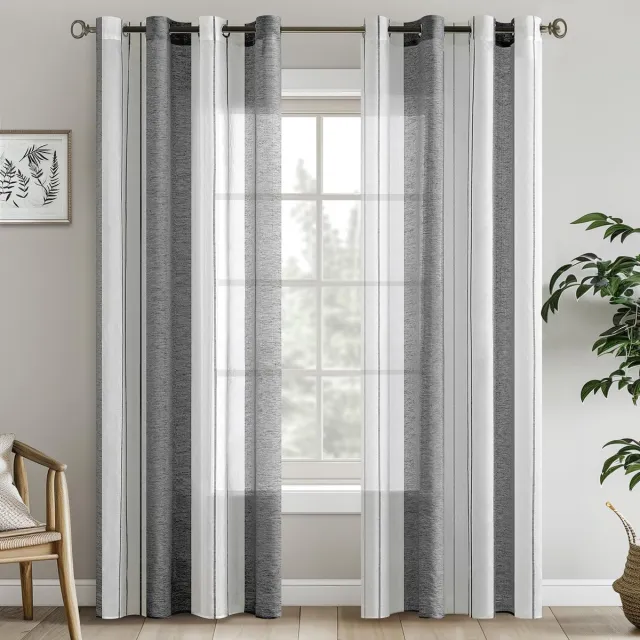 Ibenzoa Transparante Gordijnpanelen met Strepen, Set van Twee, 140x215cm, Zwart-Wit Grijs wit