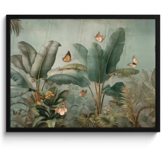 FrameYourWall Poster in lijst - Fotolijst 80x60 cm - Posters - Tropisch bladerdek - Vlinders - groen - Bruin - Posterlijst zwart - Decoratie - Wanddecoratie woonkamer - Muurdecoratie slaapkamer Tropisch - Bladeren - Vlinders