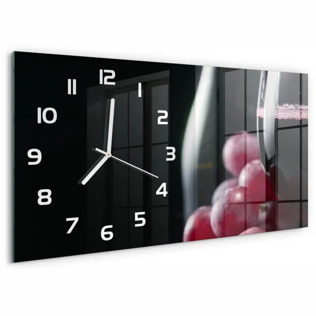 TULUP Wandklok - Druiven en wijn Wandklok Glas Met Motief - 60x30 cm - Rood Decoratieve Glazen Klok - Witte handen - Rechthoekige Klok - Gekleurde Glazen Klok - Glazen Klok Met Print