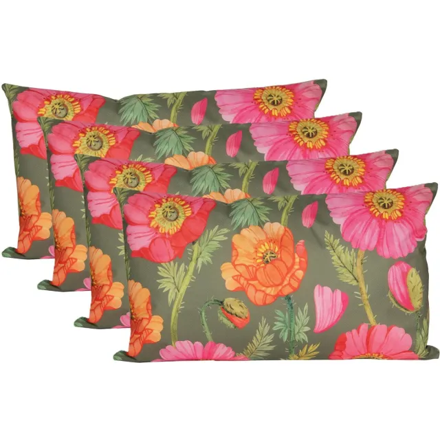 Anna's Collection Sierkussen voor binnen en buiten - 4x - klaprozen bloemen - groen/roze - 30 x 50 cm - tuinkussens