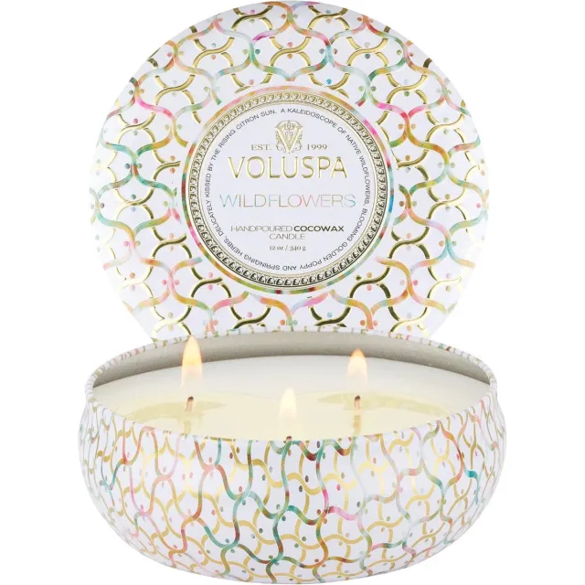 Voluspa Wildflowers 3-Wick Tin wit-goud-roze