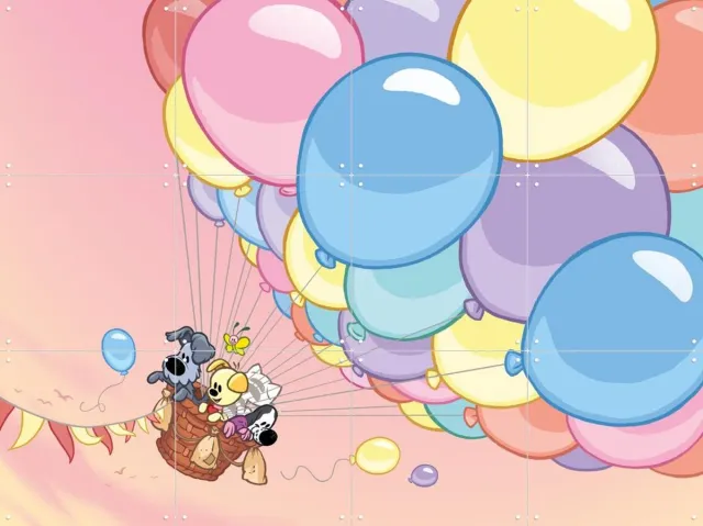 IXXI Woezel & Pip in de Luchtballon, Woezel & Pip & Van Hoorne Studios - 80 x 60 cm - Grote wanddecoratie en posters - Fantasierijk, Speels Roze / Geel