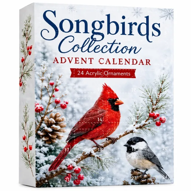 SWGOTA Adventskalender 2026 met 24 vogelornamenten - Met ophanglus en voet met Engelse vogelnaam - Verpakking 26 x 18 x 3 cm Blauw