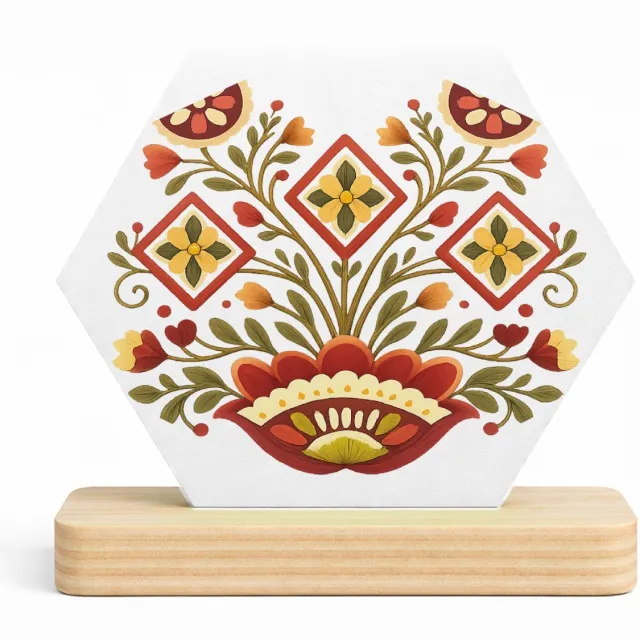 Mr Cadeautjes MDF fotolijst/inleg hexagon 14 x 13 - design Een zonvormig botanisch medaillon met compacte, strakke symm | cadeau Wit