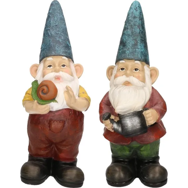 Decoris Tuinkabouters set - 2x stuks - polyresin - 29 cm - Gerard met gieter & Simon met slak - Tuindecoratie - beelden - dwergen Multi
