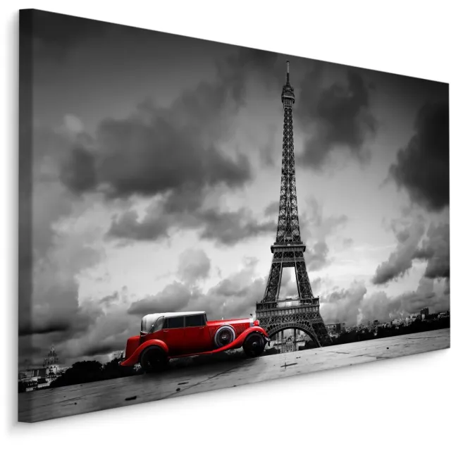 karo-art Schilderij - Oldtimer voor de Eiffeltoren in Parijs, zwart-wit/rood, 4 maten, premium print Multikleur