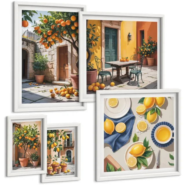 Coloray 5-Delige Schilderij Set - Citrusvruchten In Zonnige Tuinen En Op Terrassen - 50 x 50 cm, 20 x 30 cm En 40 x 60 cm - Moderne Wanddecoratie - Slaapkamer - Muurdecoratie Witte lijst