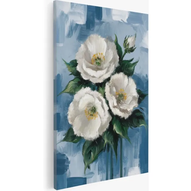 Saammp Canvas Schilderij - Witte Bloemen met blauw - Abstract - 50x70 - Foto op canvas - Wanddecoratie - Muurdecoratie Woonkamer - Kantoor Decoratie Multicolor